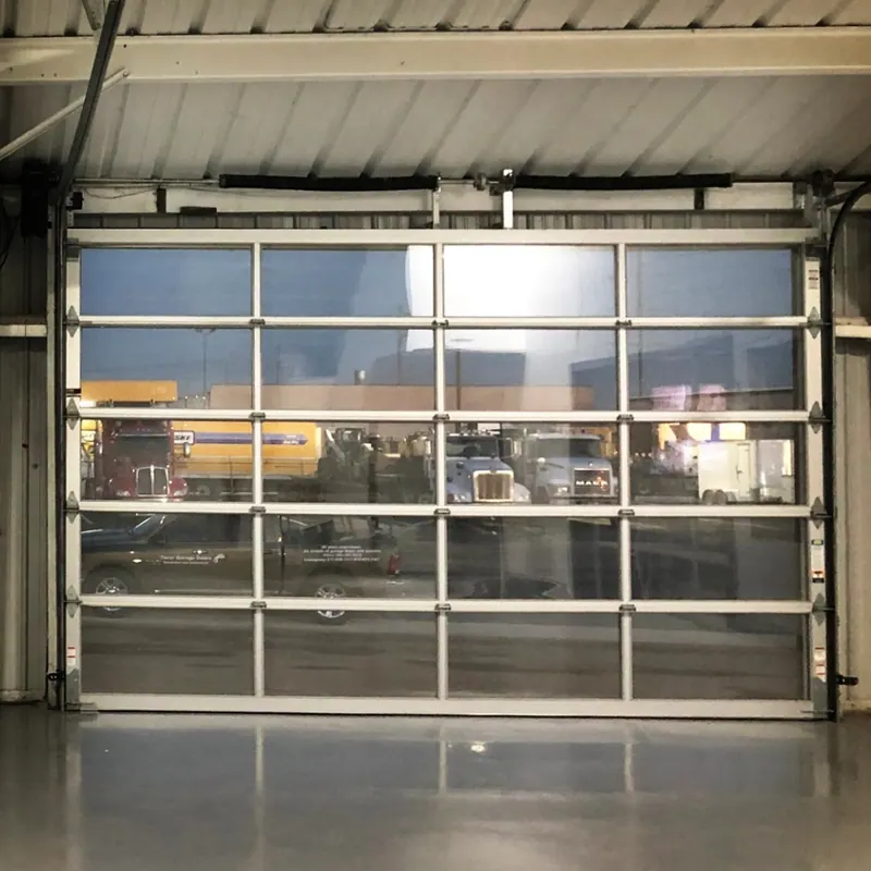 Commercial full view glass overhead doors seen from inside a shop