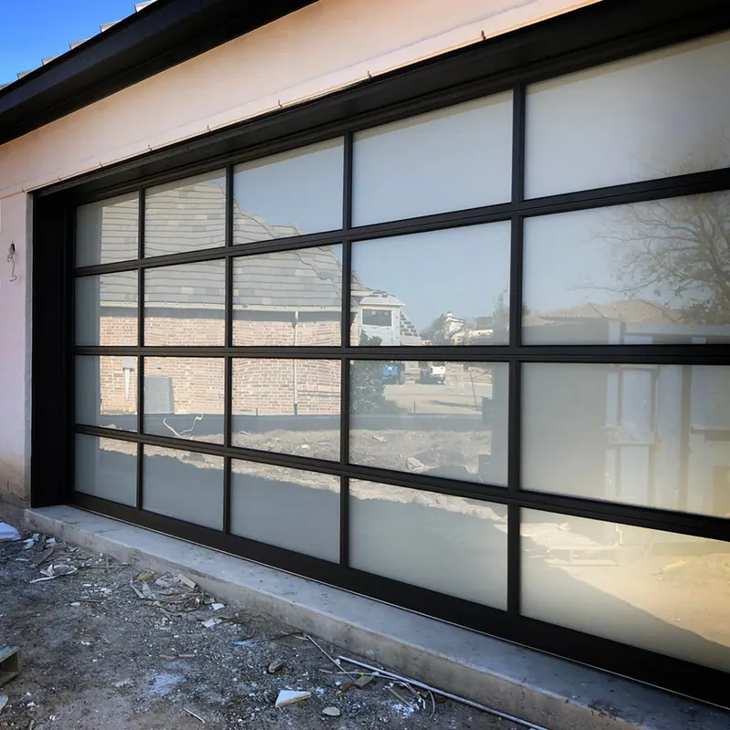 Aluminum and glass garage door on a detached two car garage
