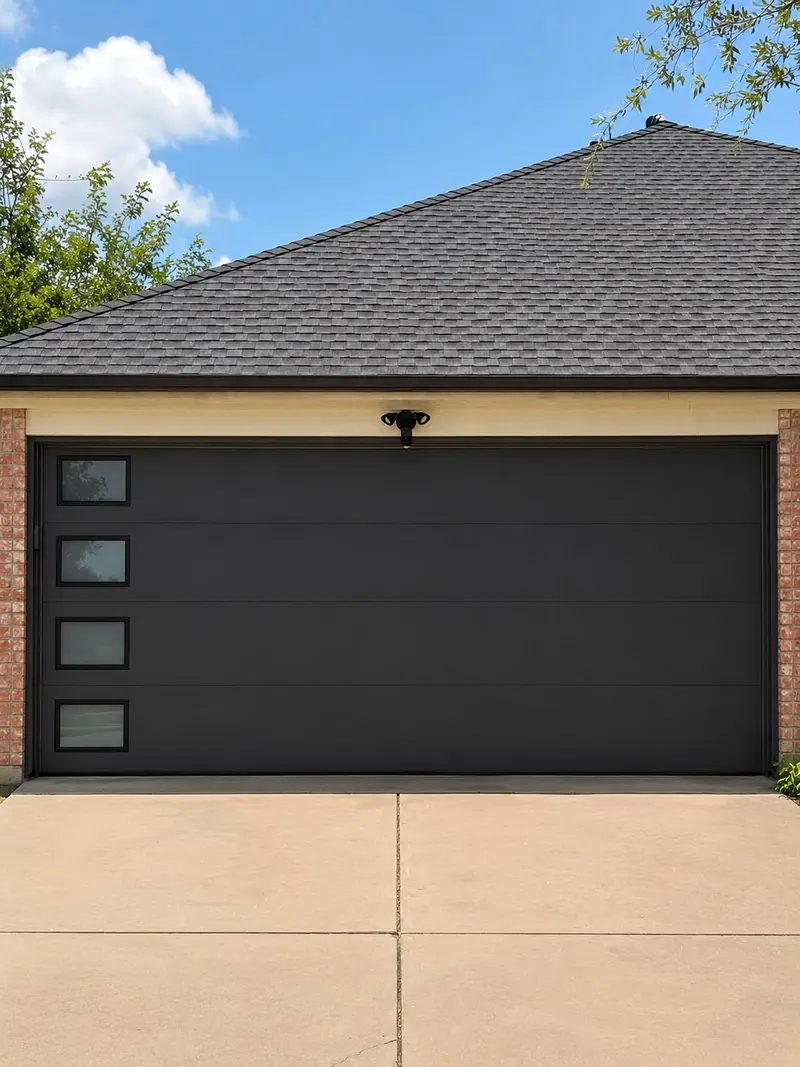 Modern black garage door with glass accents on a stucco home